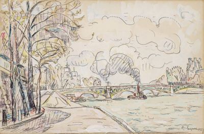 dessin représentant une rivière avec un pont au loin