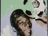 a painting of a man with a soccer ball on his head