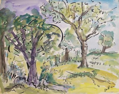 Roland DUBUC (1924-1998), "Plaine arborée", aquarelle signée…