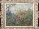 a painting of red poppies in a field of grass