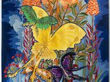 a painting of a yellow butterfly on a blue background with flowers