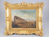 une image représentant un tableau d'un paysage rocheux avec des moutons au premier plan