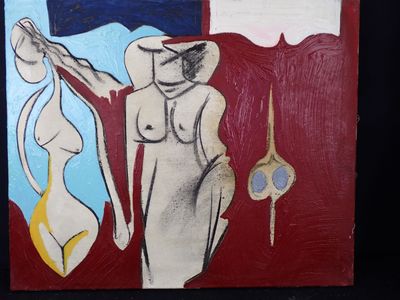 un tableau représentant une femme coiffée d'un chapeau et un homme en maillot de bain