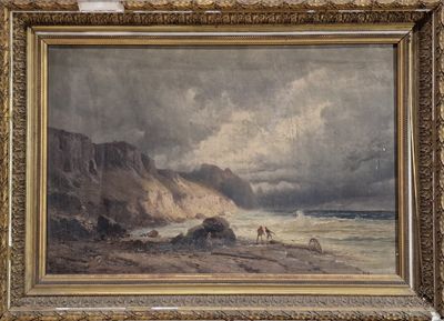 une image représentant un tableau où l'on voit un homme et un chien sur une plage rocheuse