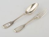 two silver spoons and a fork on a white surface