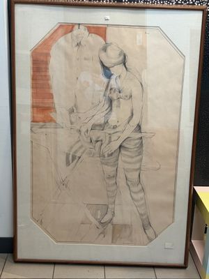 dessin encadré représentant un homme debout devant un miroir