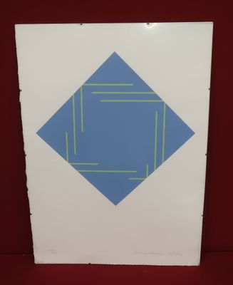 painting of a blue and green diamond on a white background