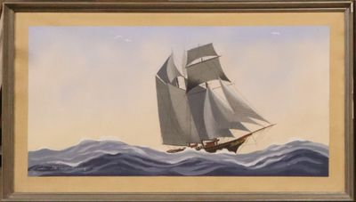 une peinture représentant un voilier en mer, avec le ciel en arrière-plan