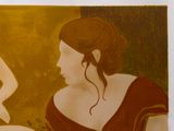 un tableau représentant une femme en robe rouge assise devant un miroir
