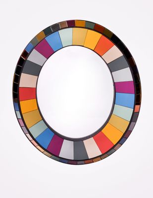 a circular mirror with a multicolored design on it