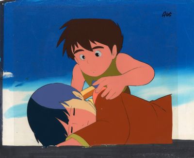 cellule d'animation représentant un garçon et une fille allongés par terre