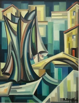 tableau représentant un voilier dans un port, avec une ville en arrière-plan