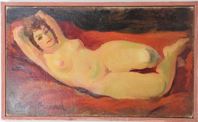 an oil painting of a nude woman laying on a red blanket