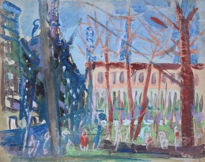 une image représentant un tableau sur lequel figurent un bâtiment et des arbres dans un parc