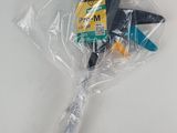 a plastic bag with a blue and yellow object inside of it