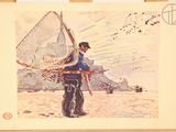 a picture of a painting of a man holding a sailboat