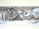 a picture of a painting of a village in the snow