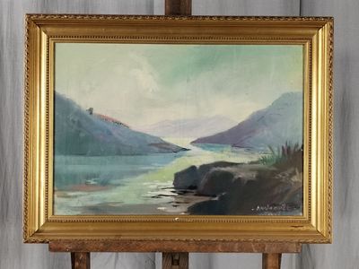 ANDROUET. Huile sur toile. Lac de montagne.