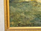 a painting on the wall of a room that has a picture of a boat in the water
