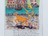 dessin représentant un homme et un chien devant une maison, avec un chien au premier plan
