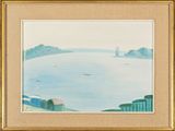 tableau représentant une vue sur un plan d'eau avec un phare au loin
