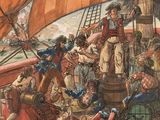 a painting of a man on a boat with people on it