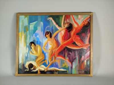 un tableau accroché au mur d'une pièce, représentant un homme et une femme