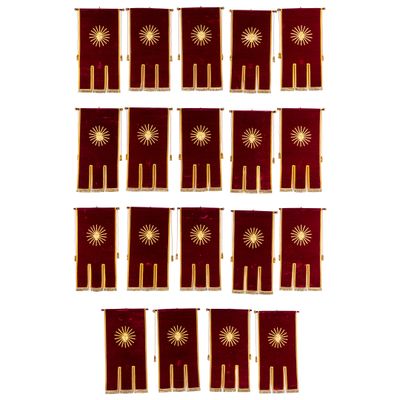 six rows of red and gold roman flags on a white background