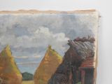a painting of a farm scene with hay bales on the ground