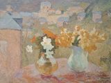 une peinture de fleurs dans un vase sur une table
