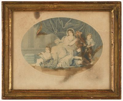 une image représentant un tableau où l'on voit une femme et deux enfants allongés par terre