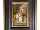 une peinture à l'huile représentant un homme et une femme marchant dans une rue