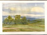 framed watercolor painting of a landscape with trees in the foreground