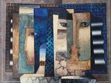 Collage abstrait réalisé à partir de techniques mixtes, représentant le visage d'une femme dans des tons bleus et marron