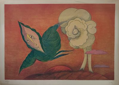 an image of a painting of a bird and a flower on a red background