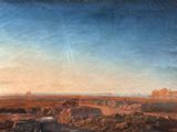 une peinture à l'huile représentant un paysage désertique avec des rochers et de l'eau