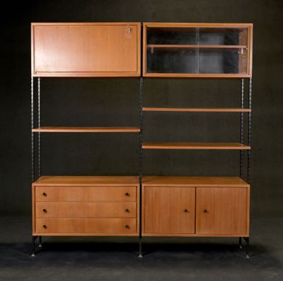 a wooden bookcase with two drawers and a shelf with glass doors