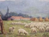 a painting of a man standing in a field with a herd of sheep