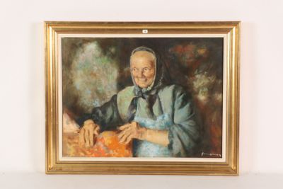 painting of a woman in a blue dress holding a pumpkin