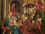 une image représentant un tableau où l'on voit un groupe de personnes assises autour d'un bébé