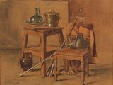 a painting of a chair and a table with pots on it