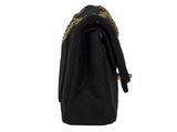 a black purse with a chain strap and a gold clasp