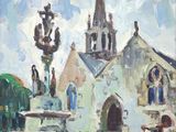 an oil painting of two people walking in front of a church