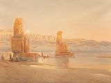 an image of a painting of a desert scene with a body of water in the foreground and a mountain in the background