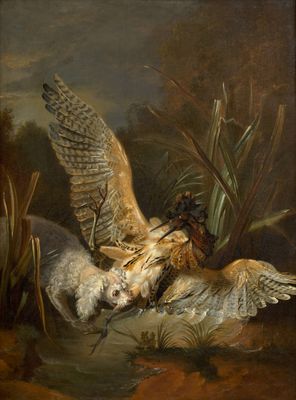 tableau représentant deux oiseaux se disputant un oiseau mort dans un étang