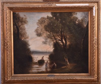 an oil painting of a river scene with figures in a wooded setting
