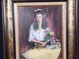 a painting of a woman holding a basket of flowers on a easel