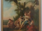 une peinture à l'huile représentant un groupe de personnes dans un cadre boisé