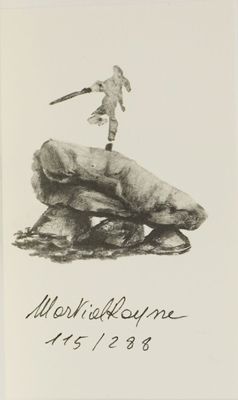 drawing of a man holding a sword on top of a rock