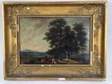 tableau représentant deux vaches dans un paysage boisé, avec des arbres en arrière-plan